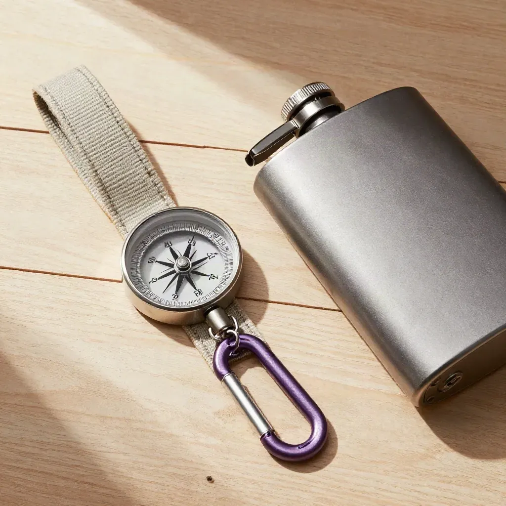 Overhead still life of field gear on pale wood with a muted violet carabiner and soft daylight.