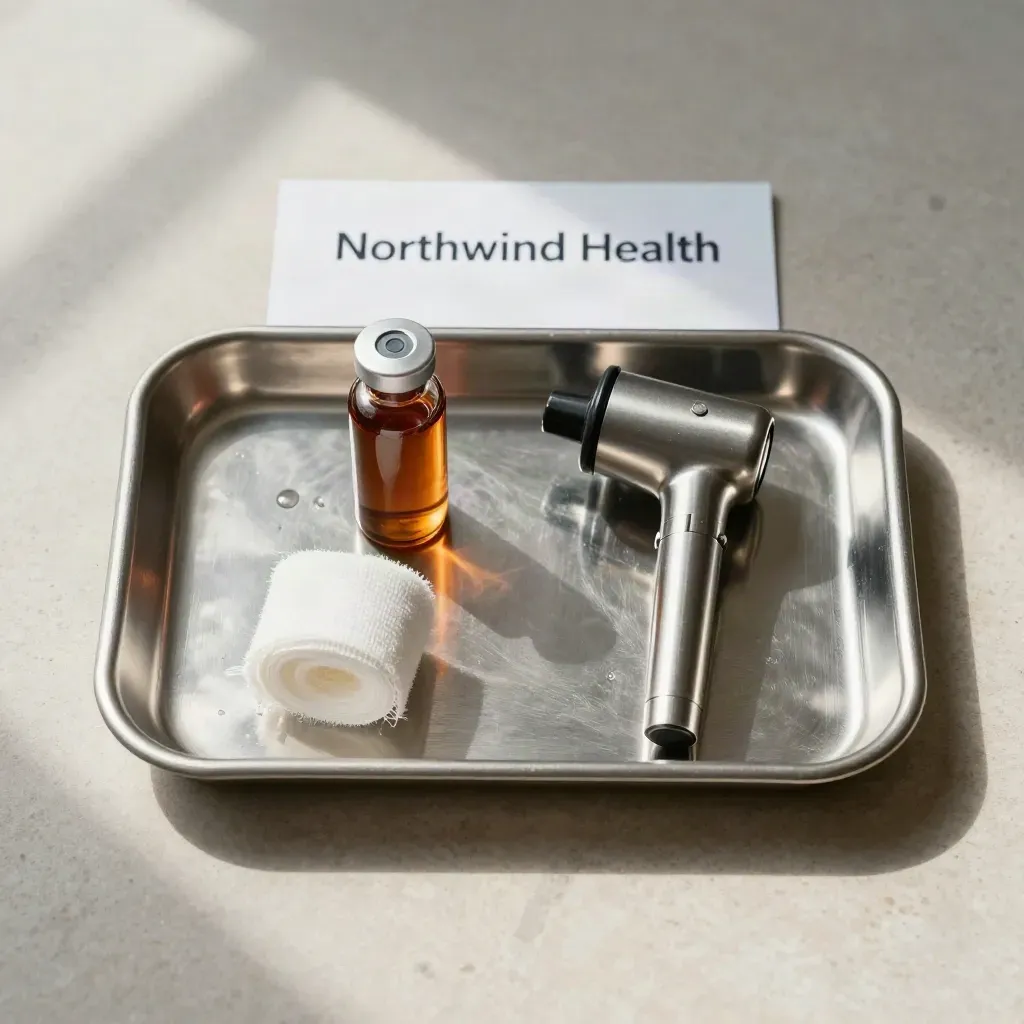 Medical tray, vial, gauze and otoscope head arranged on pale stone in dramatic overhead light.