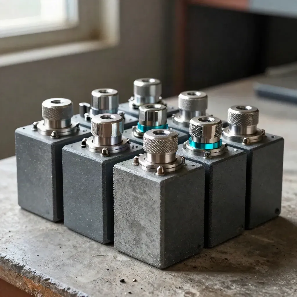 Relay blocks and cable glands on dark concrete with a subtle cyan accent.