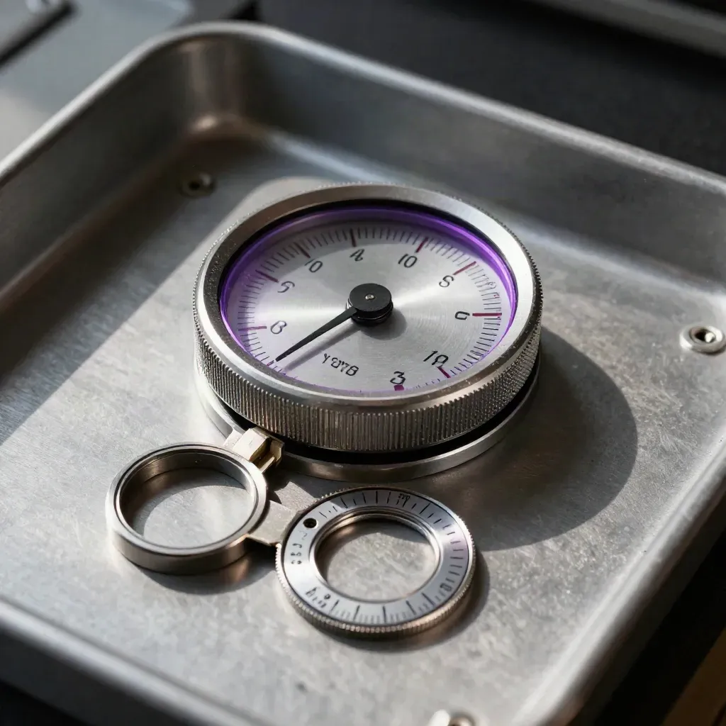 Top-down metal gauge cluster with sensor puck and calibration ring on brushed steel, violet accents