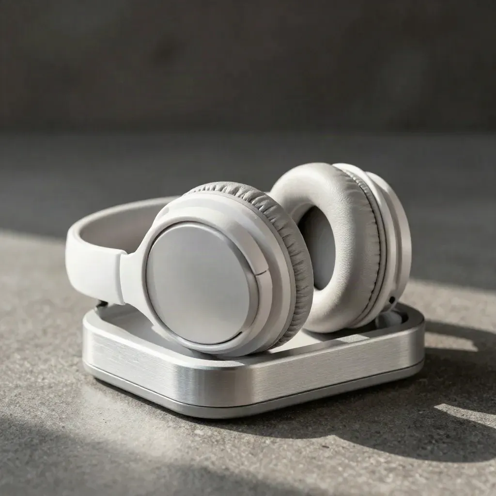 Aluminum headset dock with earcups and mute puck on graphite.