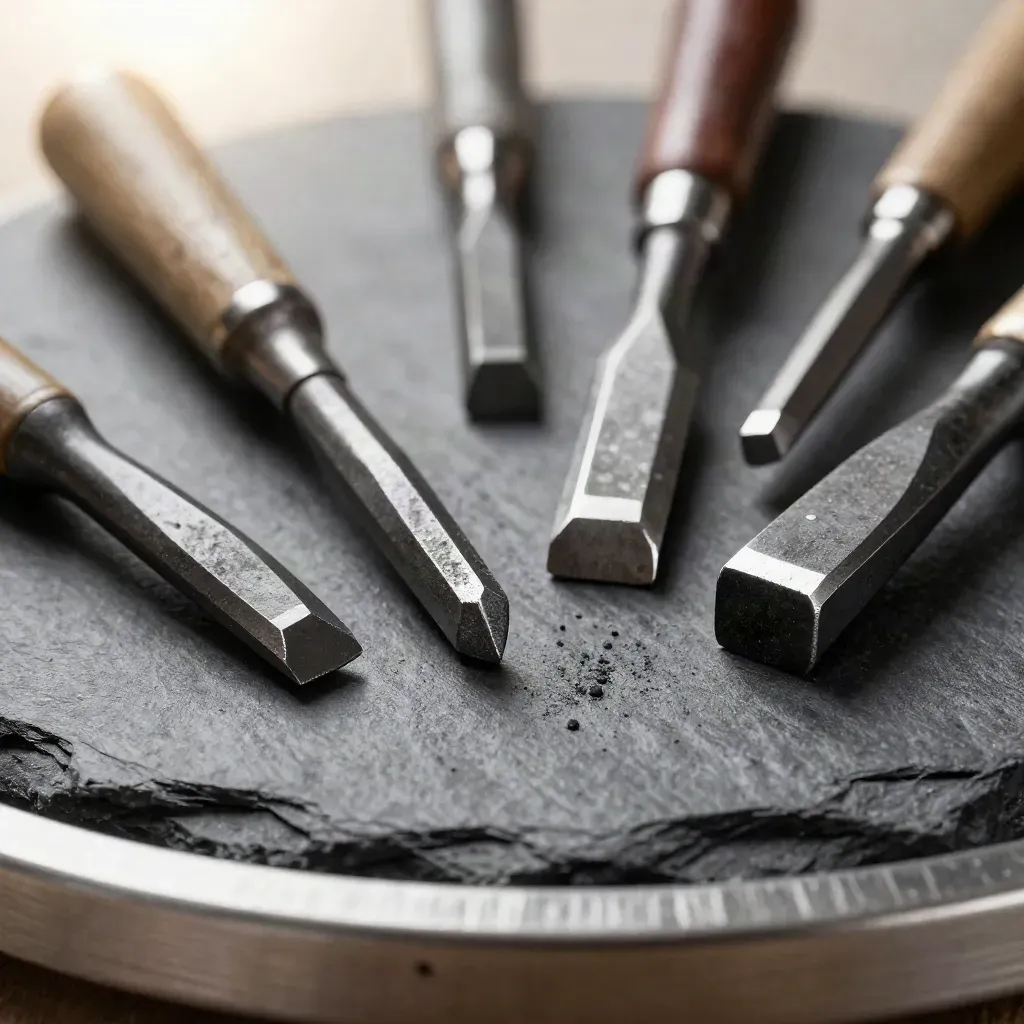 Macro still life of forged chisels, punch, steel offcuts and clamp on black slate.