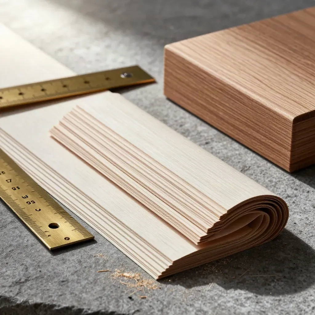 Cedar veneer offcuts, brass try square and timber sample box on grey stone in dramatic light.