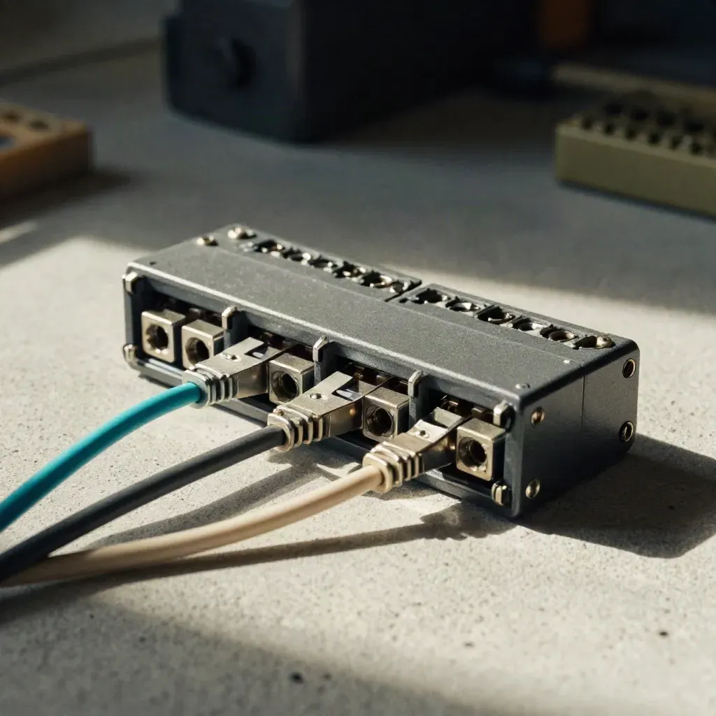 Relay block, patch leads, and terminal clips on pale concrete in dramatic studio light.
