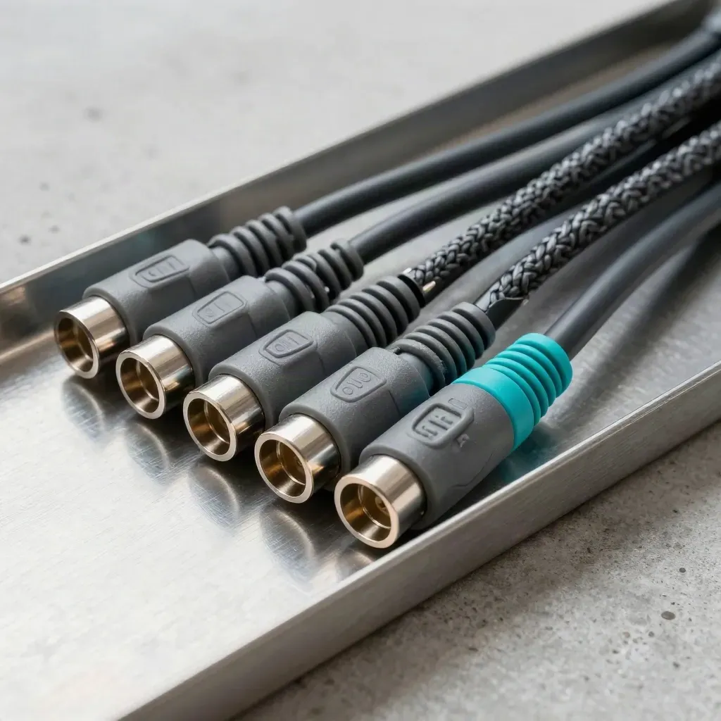 Patch cables and metal connector sleeves arranged on brushed steel in a dramatic still life.