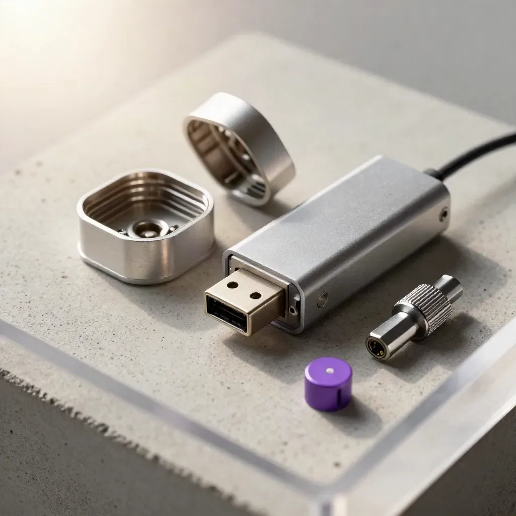 Macro still life of prototyping parts, USB hub and hex drivers on concrete, seen through frosted acrylic.