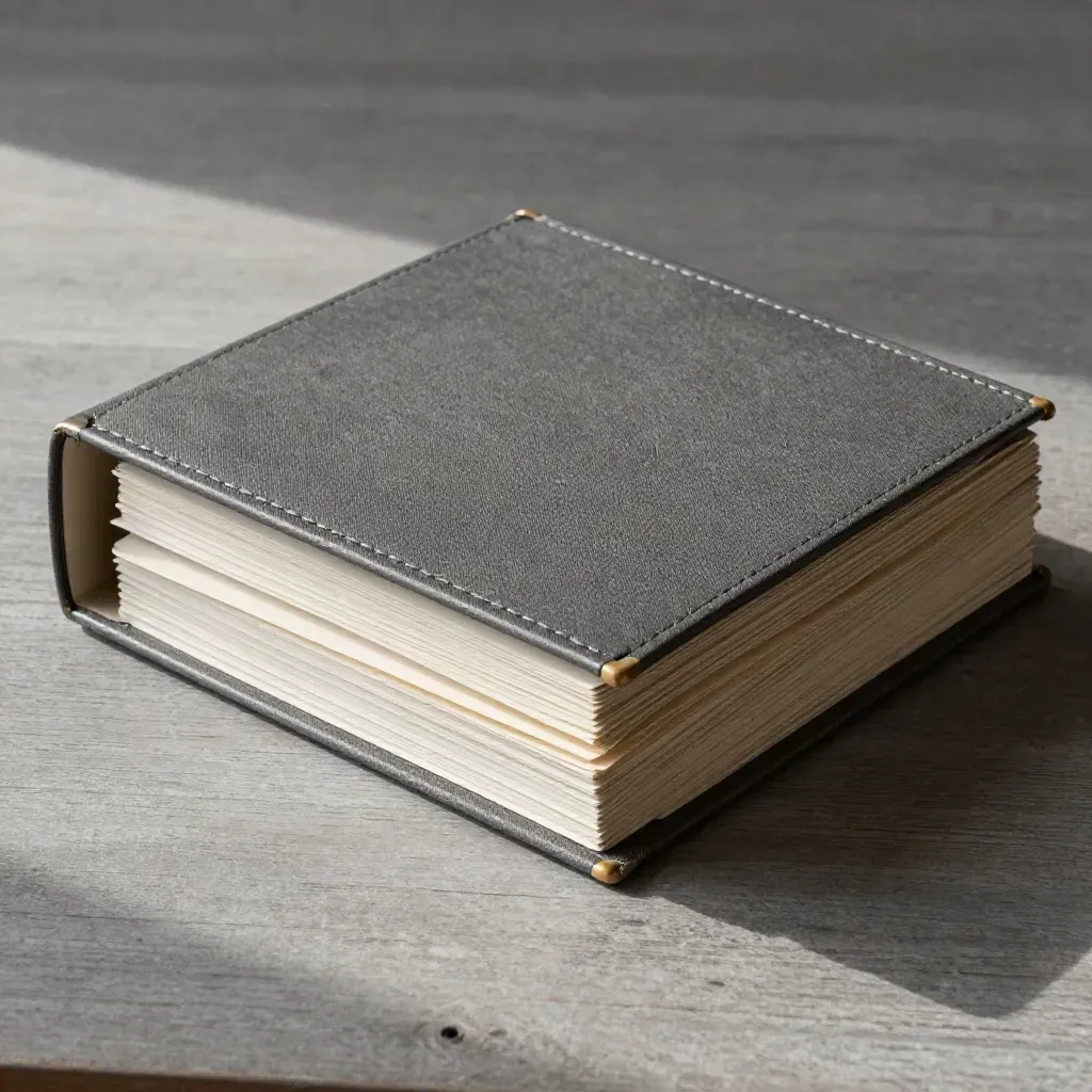 Closed archival binder with tabs and card case on pale ash wood, softly lit.