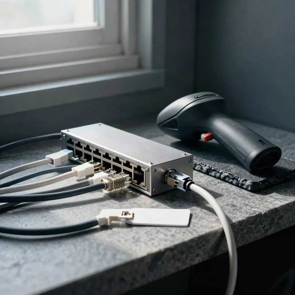 Ethernet switch, cable clips, tags and scanner dock on stone in a moody studio still life.