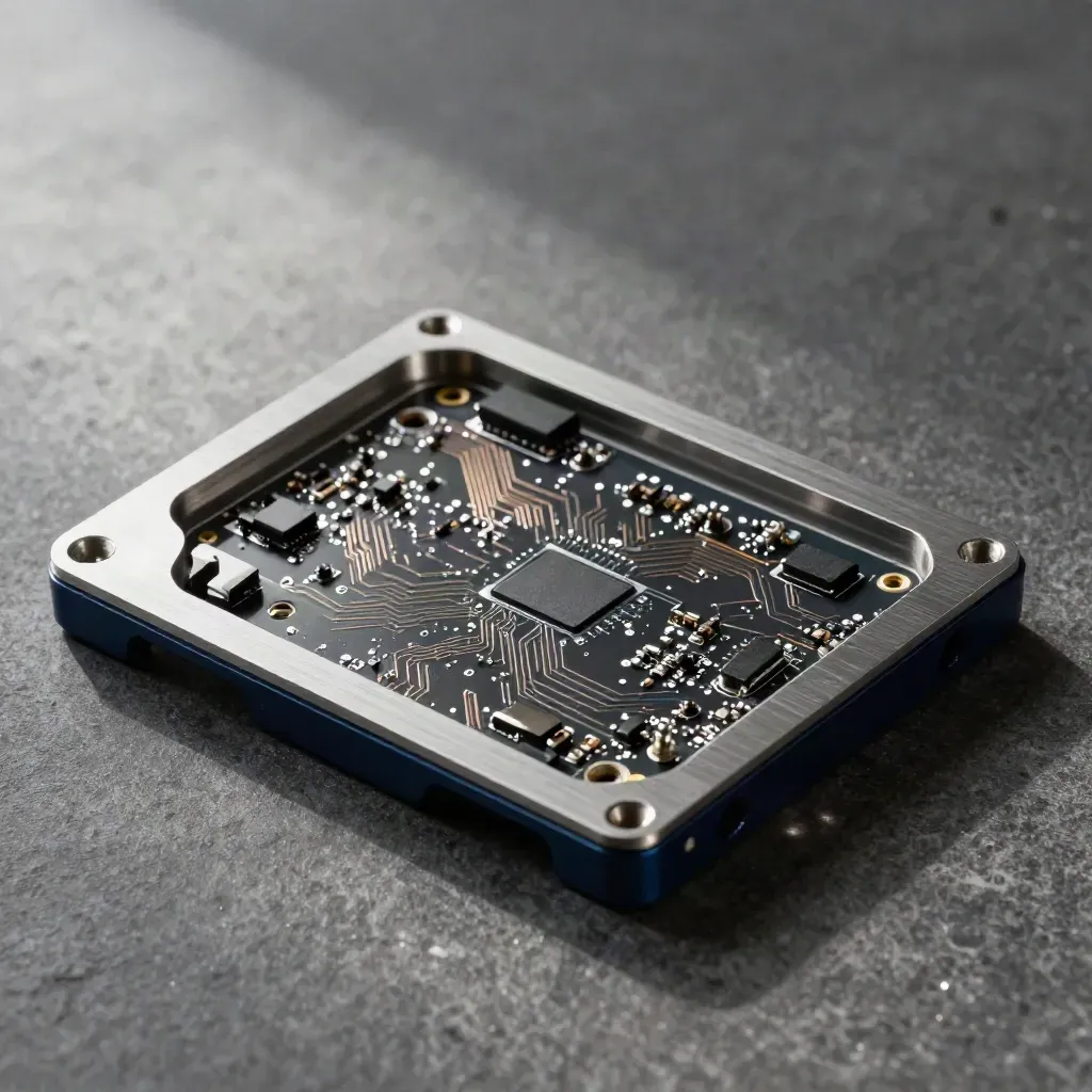 Overhead macro of an AI hardware prototype enclosure, circuit board, standoffs and bit set on dark stone.