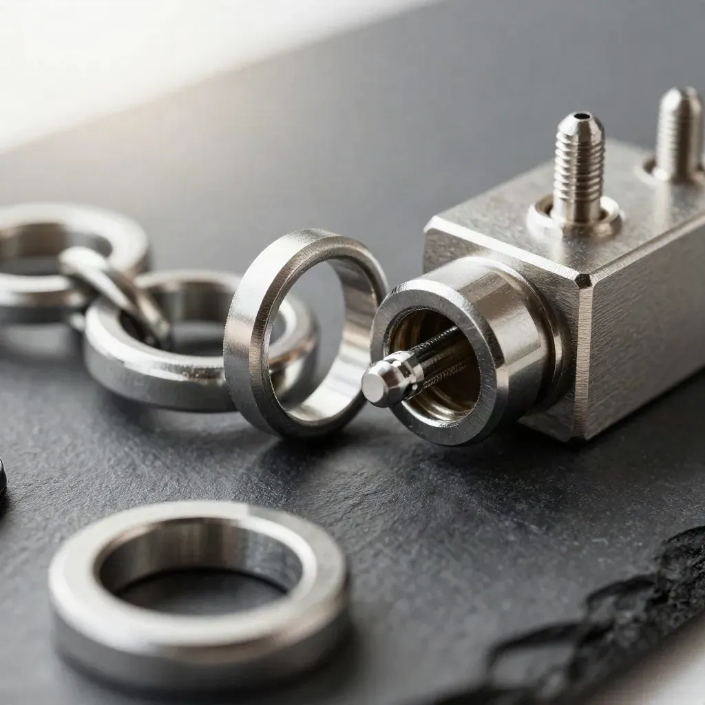 Machined rings linking beside a connector block and two precision pins on slate
