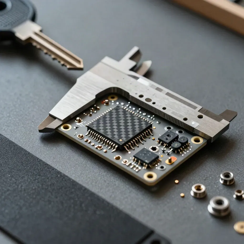 Macro of prototype board, caliper, material chips and fasteners on graphite under skimming light