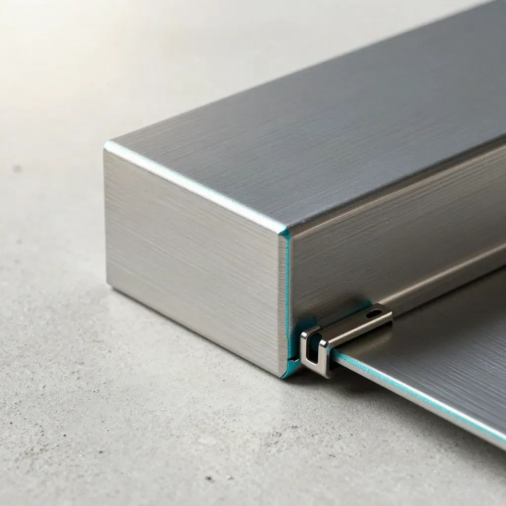 Aluminium integration blocks, spring clip and spacer bar locking together on pale concrete.
