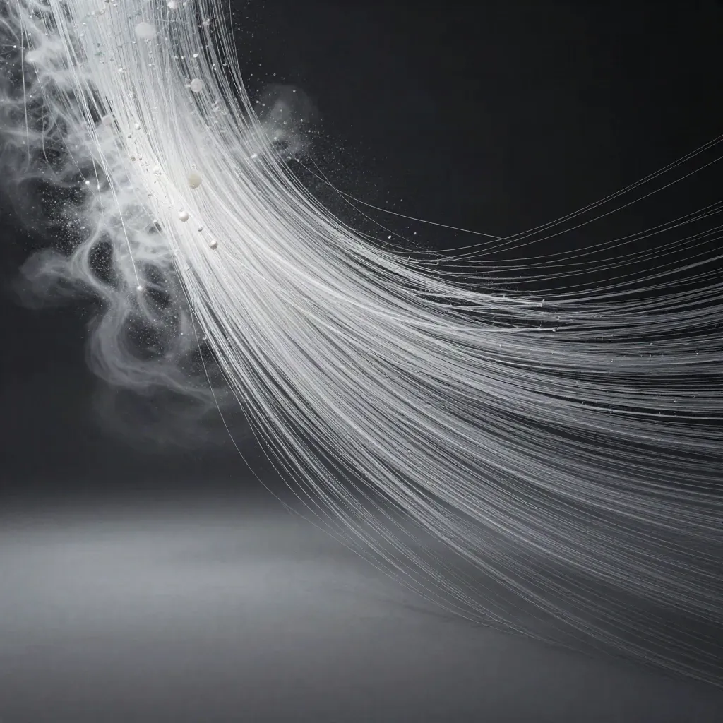 Silver light filaments converge into a soft white bloom in a dark graphite void.