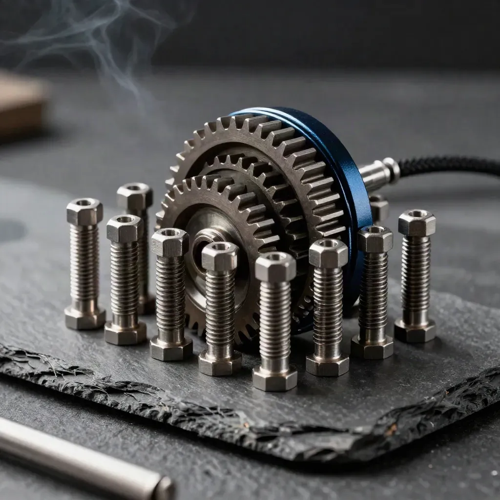 Hex standoffs, gear wheel and braided cable ferrule clustered on black stone in dramatic studio light.