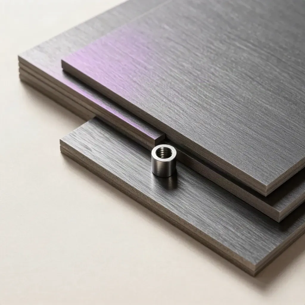 Graphite tiles, dovetail joint sample, and cable ferrule on brushed ash